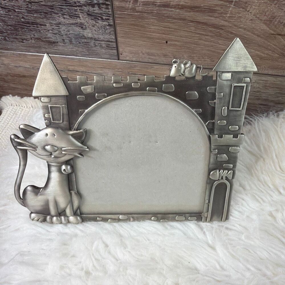 Sonoma Whimsical Kitty Cat with Castle Silvertone Metal Picture Frame 4 x 4 Phot